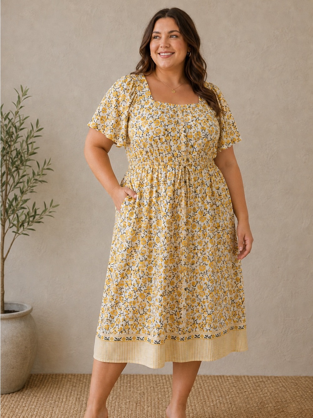 LÉA Golden Meadow Mustard Floral Midi Dress 2X